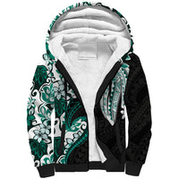 Monstera Plumeria Flowers Teal Sherpa Hoodie Polynesian Pattern