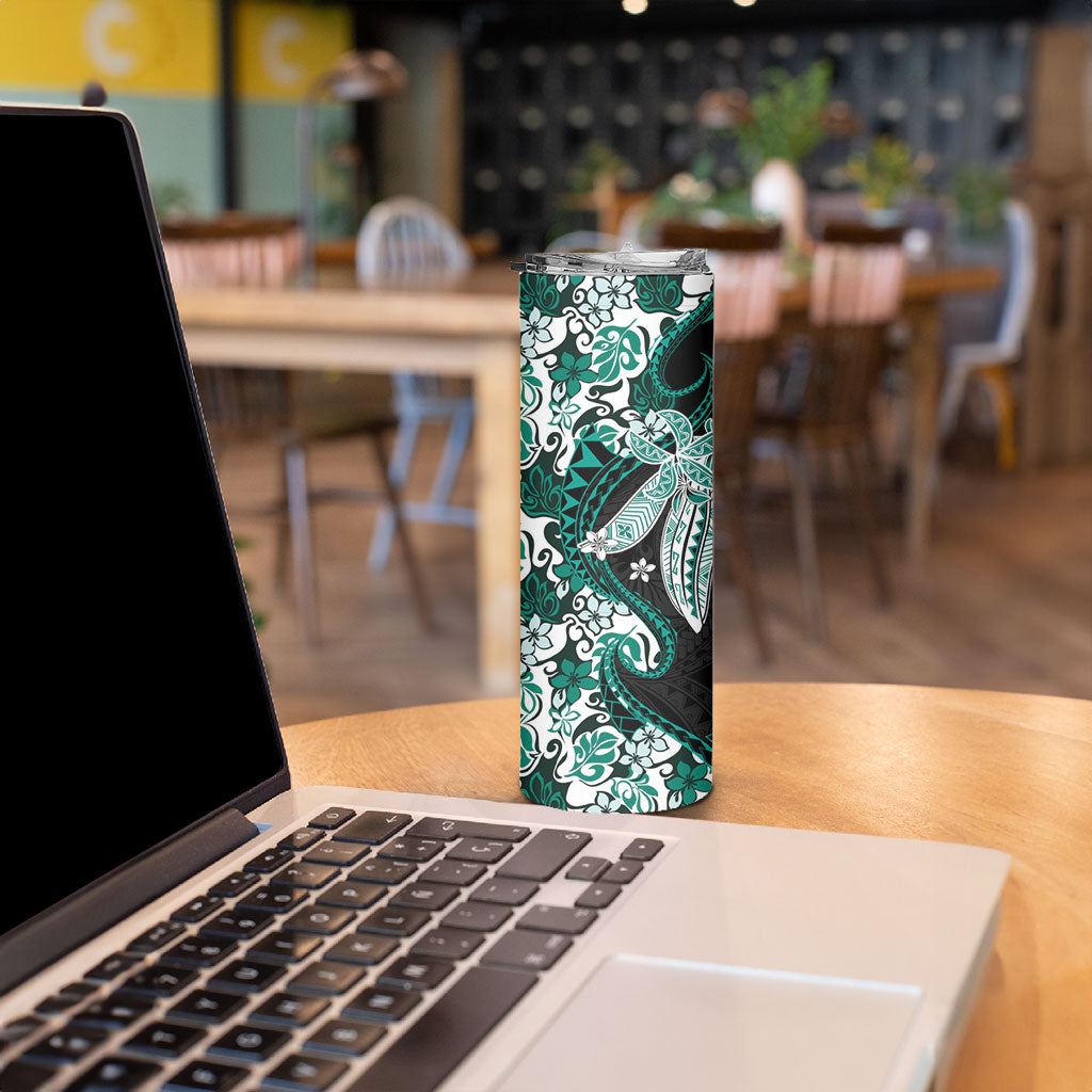 Monstera Plumeria Flowers Teal Skinny Tumbler Polynesian Pattern