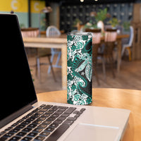 Monstera Plumeria Flowers Teal Skinny Tumbler Polynesian Pattern