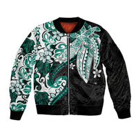 Monstera Plumeria Flowers Teal Sleeve Zip Bomber Jacket Polynesian Pattern LT01 Unisex Teal - Polynesian Pride