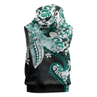 Monstera Plumeria Flowers Teal Sleeveless Zip Hoodie Polynesian Pattern