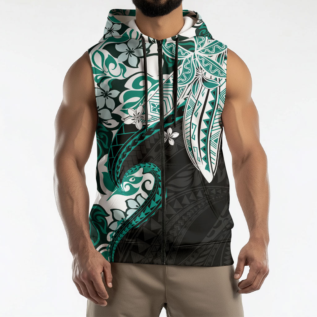 Monstera Plumeria Flowers Teal Sleeveless Zip Hoodie Polynesian Pattern