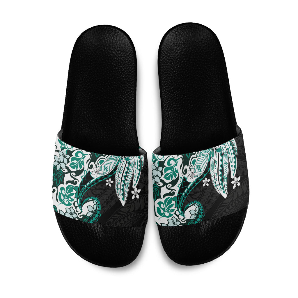 Monstera Plumeria Flowers Teal Slide Sandals Polynesian Pattern