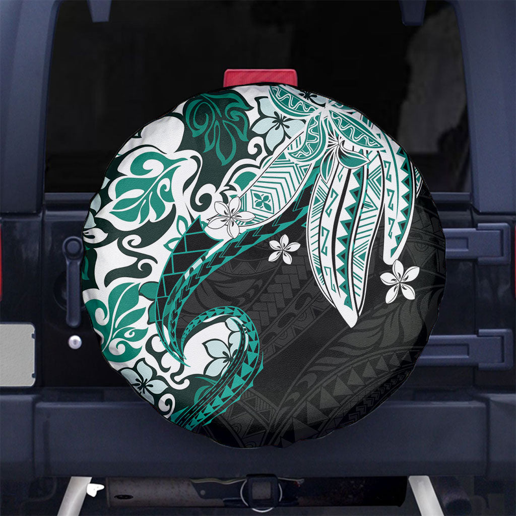 Monstera Plumeria Flowers Teal Spare Tire Cover Polynesian Pattern