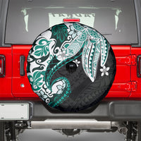 Monstera Plumeria Flowers Teal Spare Tire Cover Polynesian Pattern