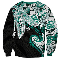 Monstera Plumeria Flowers Teal Sweatshirt Polynesian Pattern