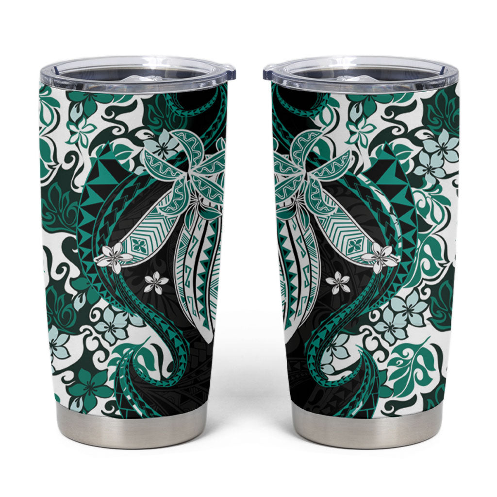 Monstera Plumeria Flowers Teal Tumbler Cup Polynesian Pattern
