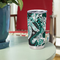 Monstera Plumeria Flowers Teal Tumbler Cup Polynesian Pattern