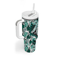 Monstera Plumeria Flowers Teal Tumbler With Handle Polynesian Pattern