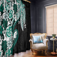 Monstera Plumeria Flowers Teal Window Curtain Polynesian Pattern