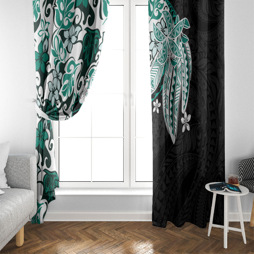 Monstera Plumeria Flowers Teal Window Curtain Polynesian Pattern