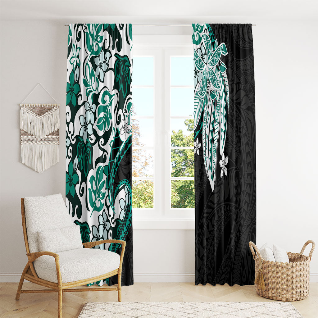 Monstera Plumeria Flowers Teal Window Curtain Polynesian Pattern