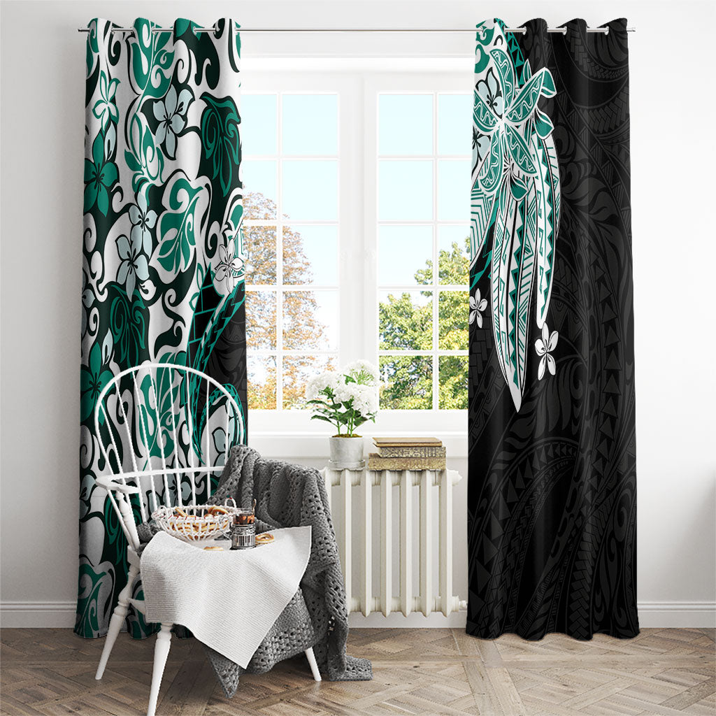 Monstera Plumeria Flowers Teal Window Curtain Polynesian Pattern