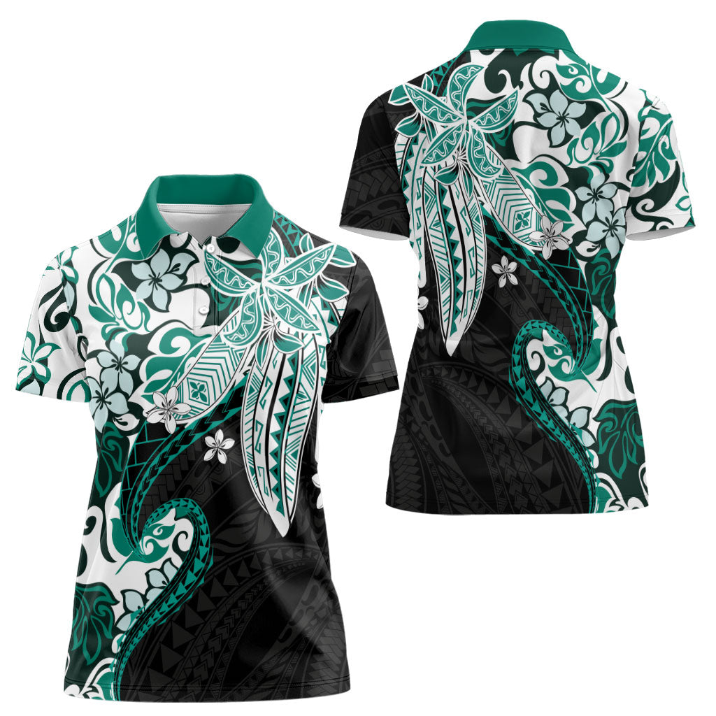 Monstera Plumeria Flowers Teal Women Polo Shirt Polynesian Pattern LT01 - Polynesian Pride