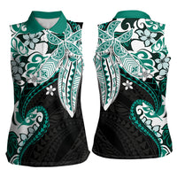 Monstera Plumeria Flowers Teal Women Sleeveless Polo Shirt Polynesian Pattern