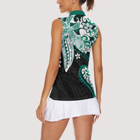 Monstera Plumeria Flowers Teal Women Sleeveless Polo Shirt Polynesian Pattern