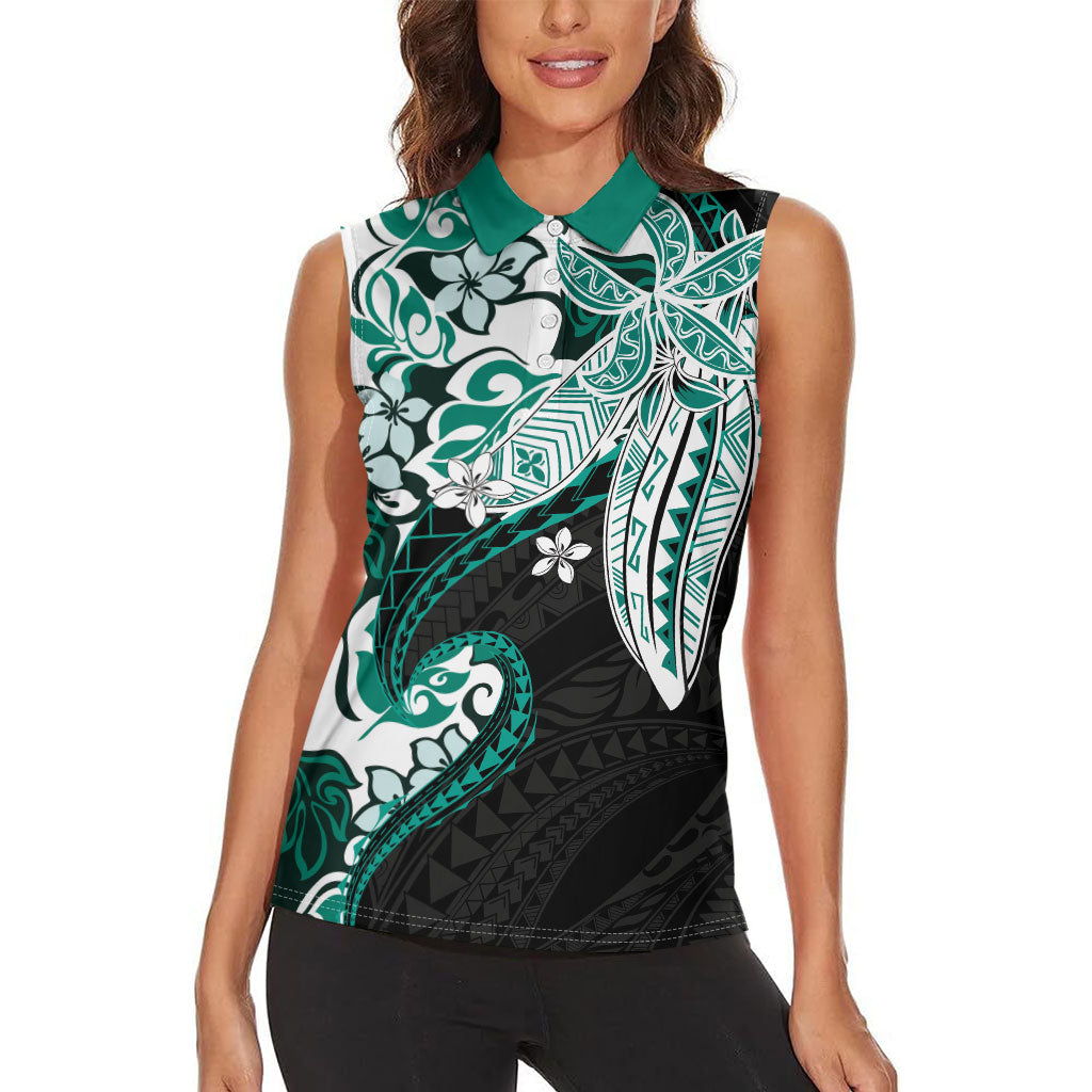Monstera Plumeria Flowers Teal Women Sleeveless Polo Shirt Polynesian Pattern