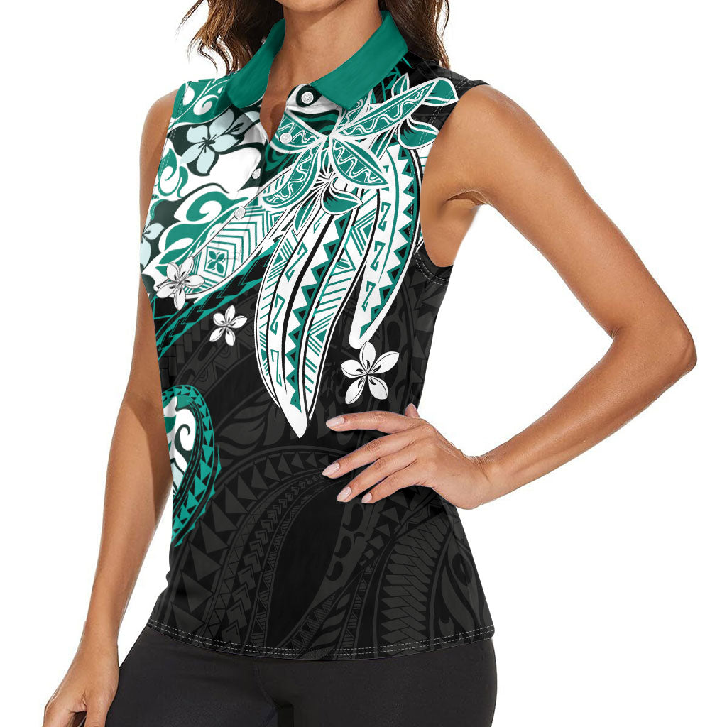 Monstera Plumeria Flowers Teal Women Sleeveless Polo Shirt Polynesian Pattern