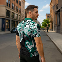 Monstera Plumeria Flowers Teal Zipper Polo Shirt Polynesian Pattern