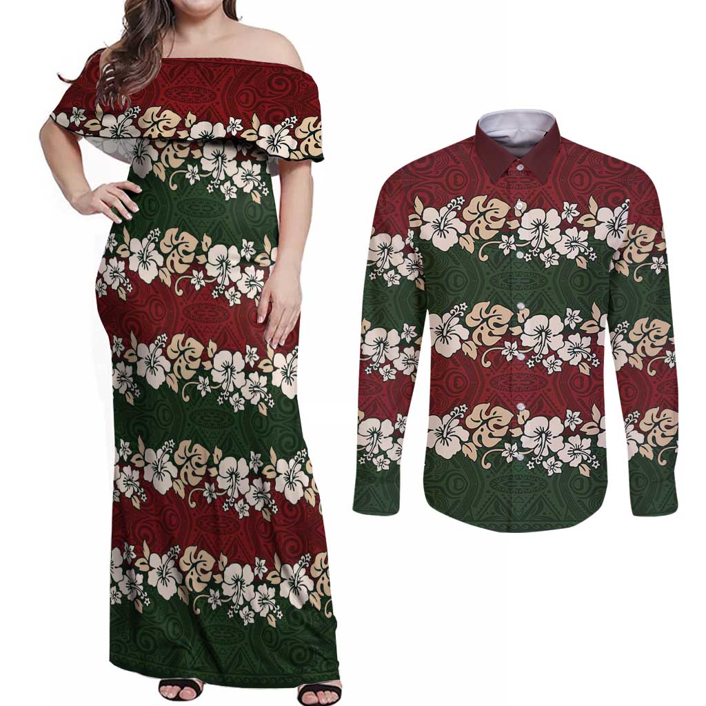 Hawaiian Hibiscus Christmas Color Couples Matching Off Shoulder Maxi Dress and Long Sleeve Button Shirt Unique LT01 Red - Polynesian Pride