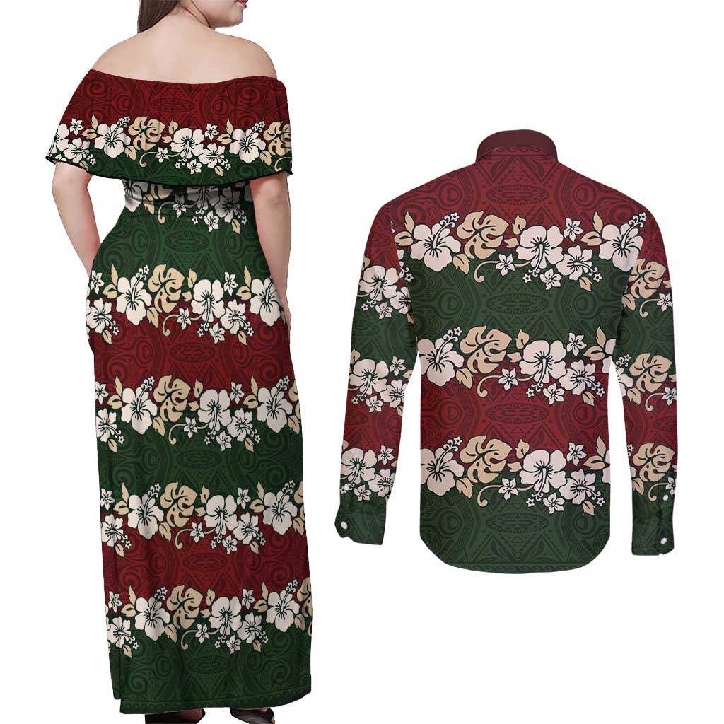 Hawaiian Hibiscus Christmas Color Couples Matching Off Shoulder Maxi Dress and Long Sleeve Button Shirt Unique LT01 - Polynesian Pride