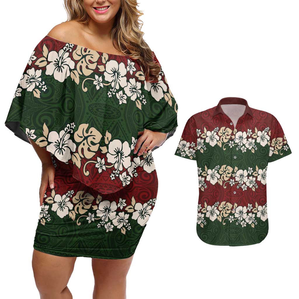 Hawaiian Hibiscus Christmas Color Couples Matching Off Shoulder Short Dress and Hawaiian Shirt Unique