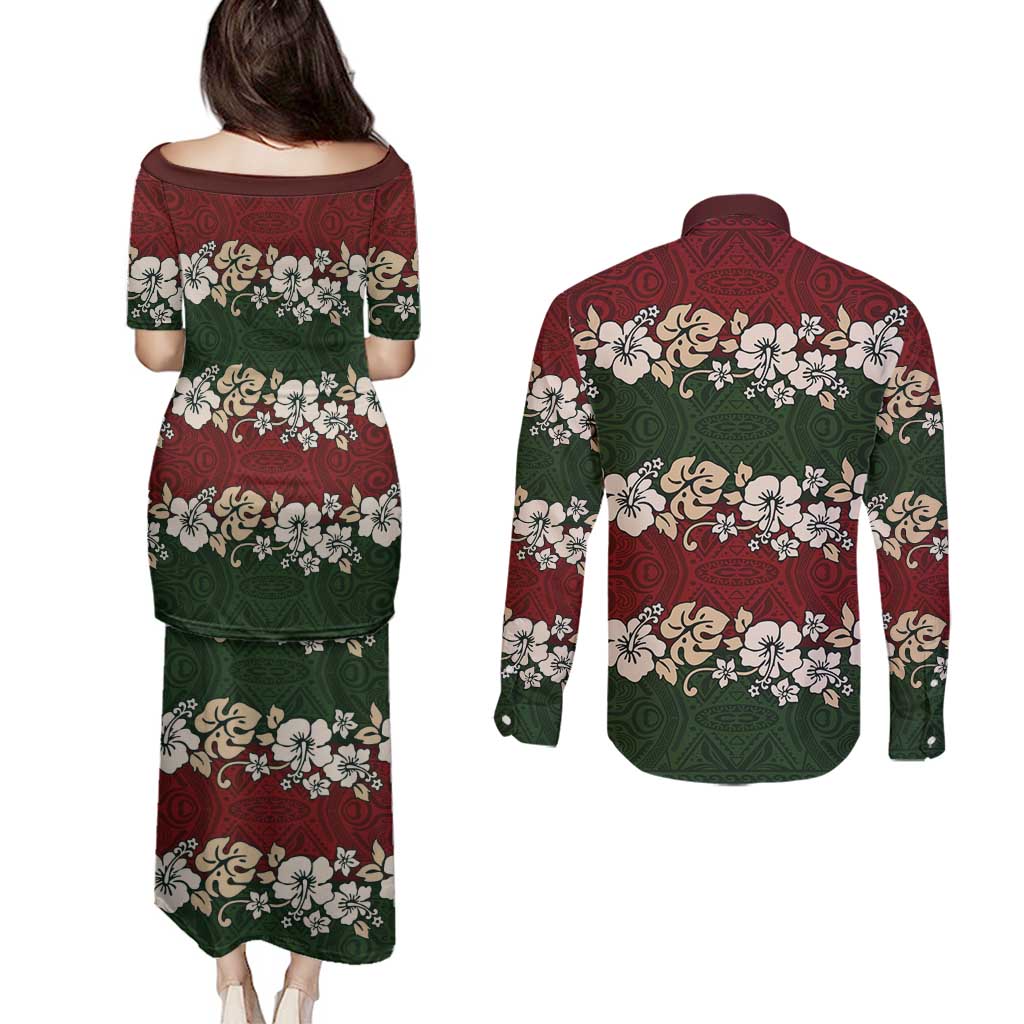 Hawaiian Hibiscus Christmas Color Couples Matching Puletasi and Long Sleeve Button Shirt Unique