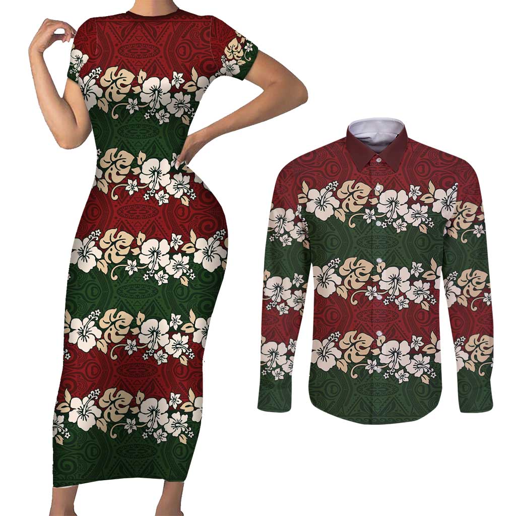 Hawaiian Hibiscus Christmas Color Couples Matching Short Sleeve Bodycon Dress and Long Sleeve Button Shirt Unique