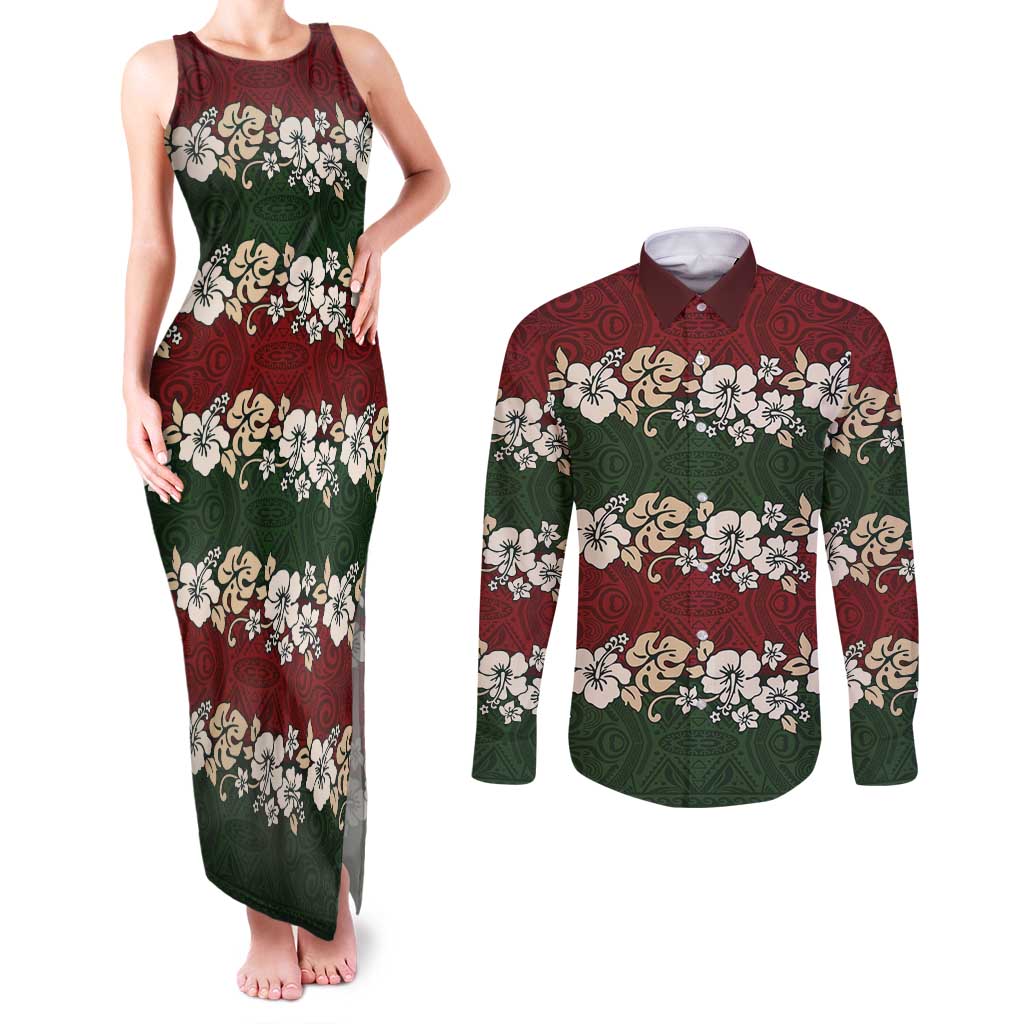 Hawaiian Hibiscus Christmas Color Couples Matching Tank Maxi Dress and Long Sleeve Button Shirt Unique