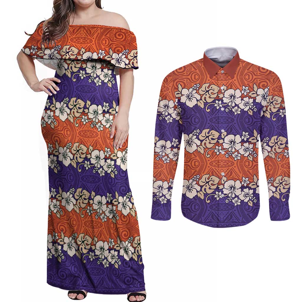 Hawaiian Hibiscus Couples Matching Off Shoulder Maxi Dress and Long Sleeve Button Shirt Orange and Purple Unique