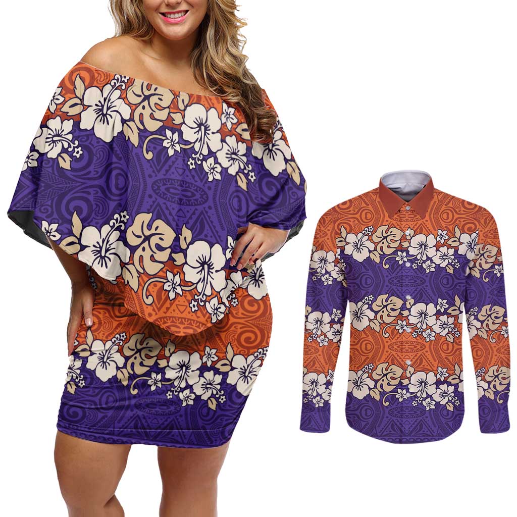 Hawaiian Hibiscus Couples Matching Off Shoulder Short Dress and Long Sleeve Button Shirt Orange and Purple Unique
