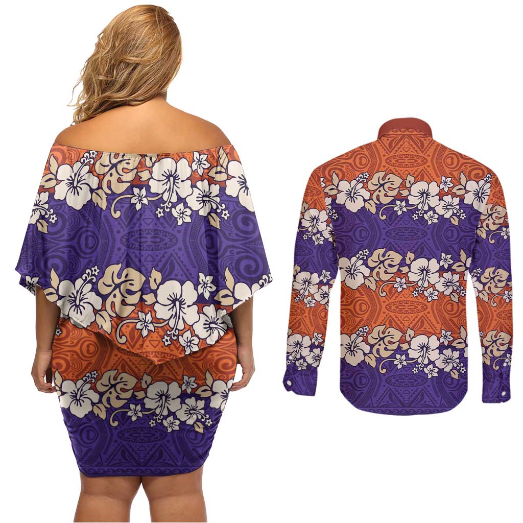 Hawaiian Hibiscus Couples Matching Off Shoulder Short Dress and Long Sleeve Button Shirt Orange and Purple Unique
