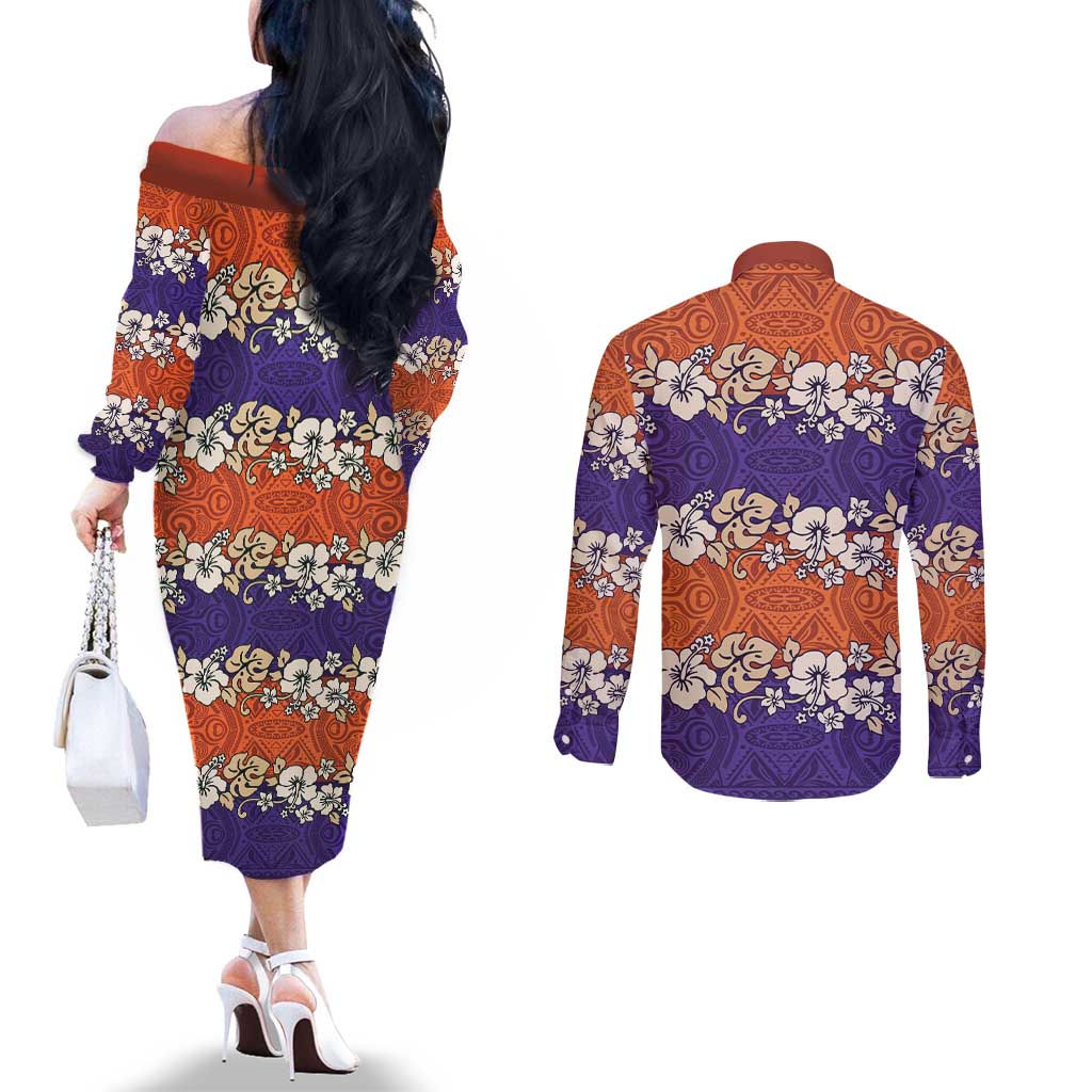 Hawaiian Hibiscus Couples Matching Off The Shoulder Long Sleeve Dress and Long Sleeve Button Shirt Orange and Purple Unique