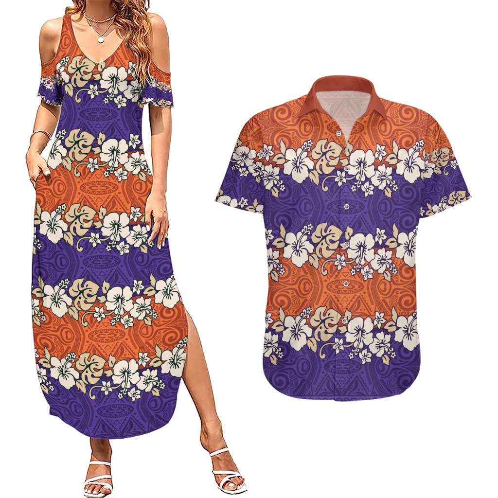 Hawaiian Hibiscus Couples Matching Summer Maxi Dress and Hawaiian Shirt Orange and Purple Unique