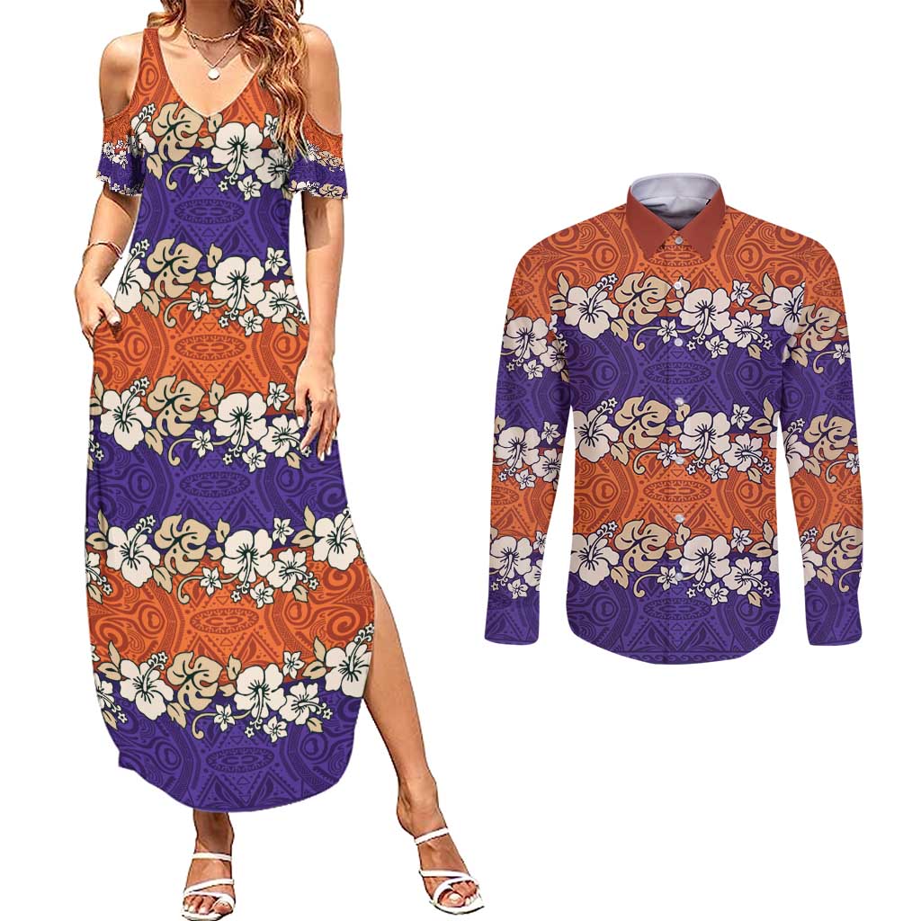 Hawaiian Hibiscus Couples Matching Summer Maxi Dress and Long Sleeve Button Shirt Orange and Purple Unique