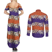 Hawaiian Hibiscus Couples Matching Summer Maxi Dress and Long Sleeve Button Shirt Orange and Purple Unique