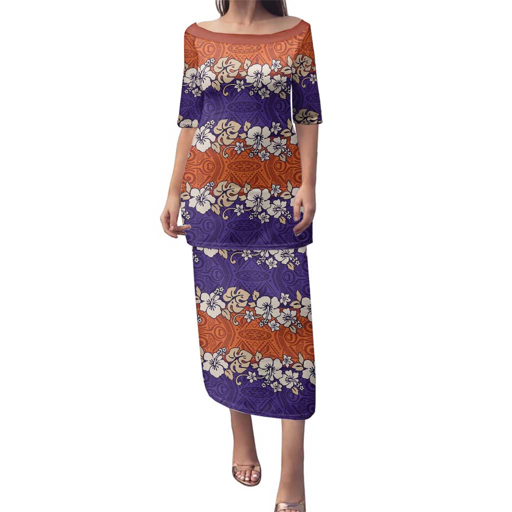 Hawaiian Hibiscus Family Matching Puletasi and Hawaiian Shirt Orange and Purple Unique