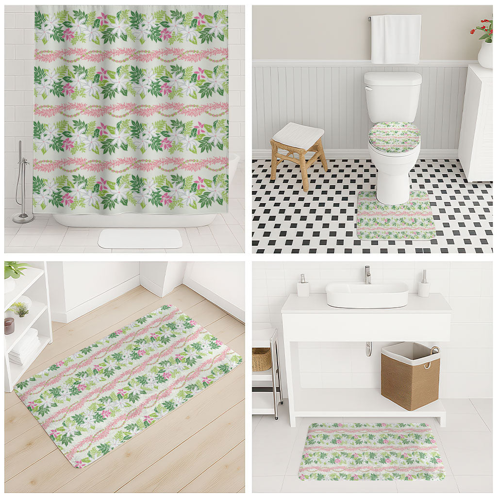 Monstera Tiare Plumeria Lei Pattern Bathroom Set Green Version LT01 - Polynesian Pride