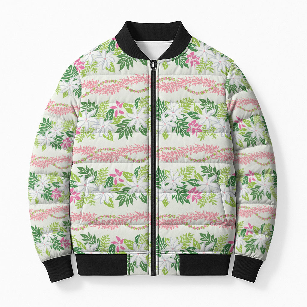 Monstera Tiare Plumeria Lei Pattern Bomber Puffer Jacket Green Version LT01 Unisex Green - Polynesian Pride