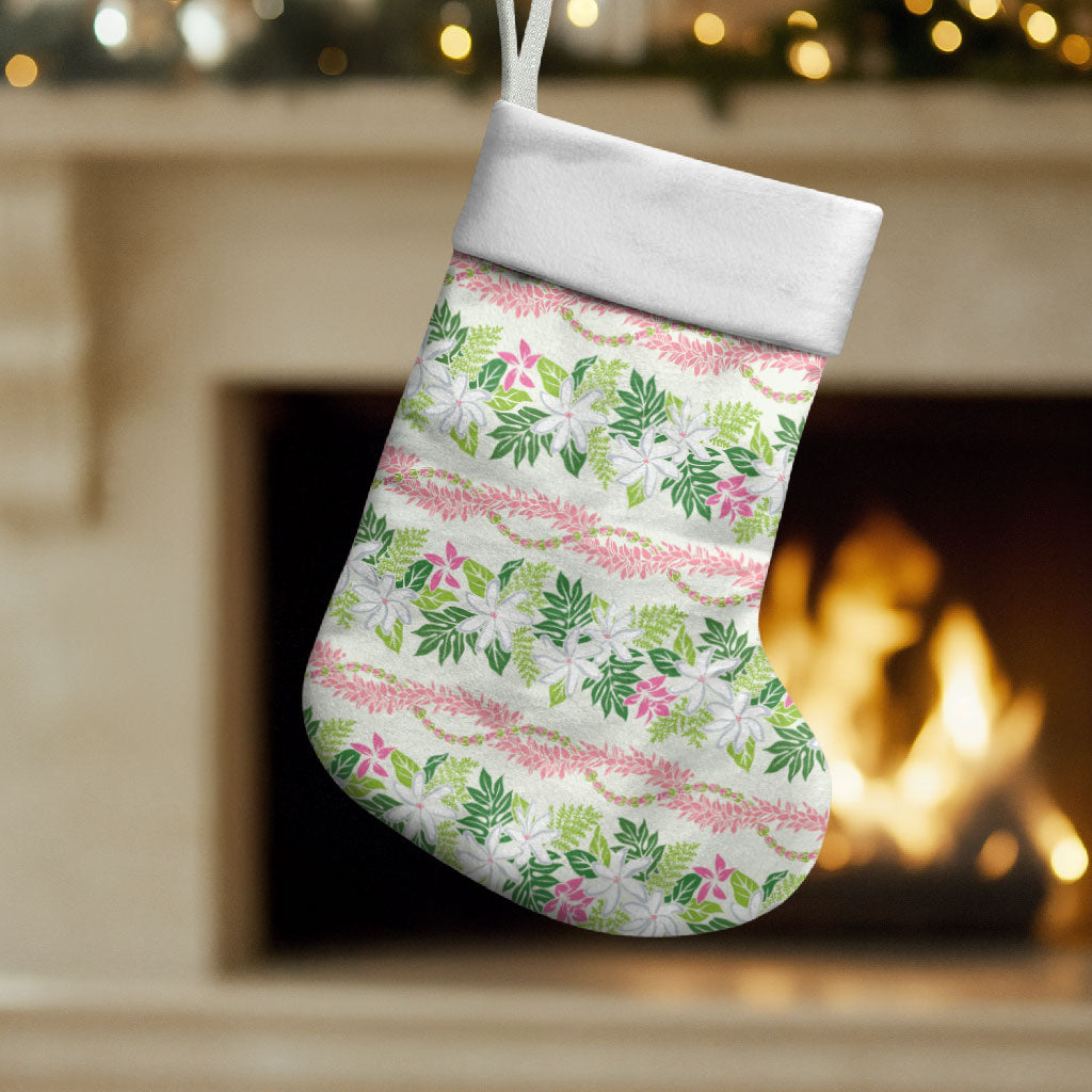 Monstera Tiare Plumeria Lei Pattern Christmas Stocking Green Version