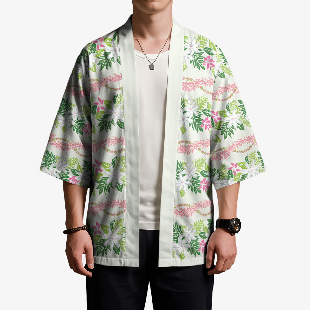 Monstera Tiare Plumeria Lei Pattern Kimono Green Version LT01 - Polynesian Pride