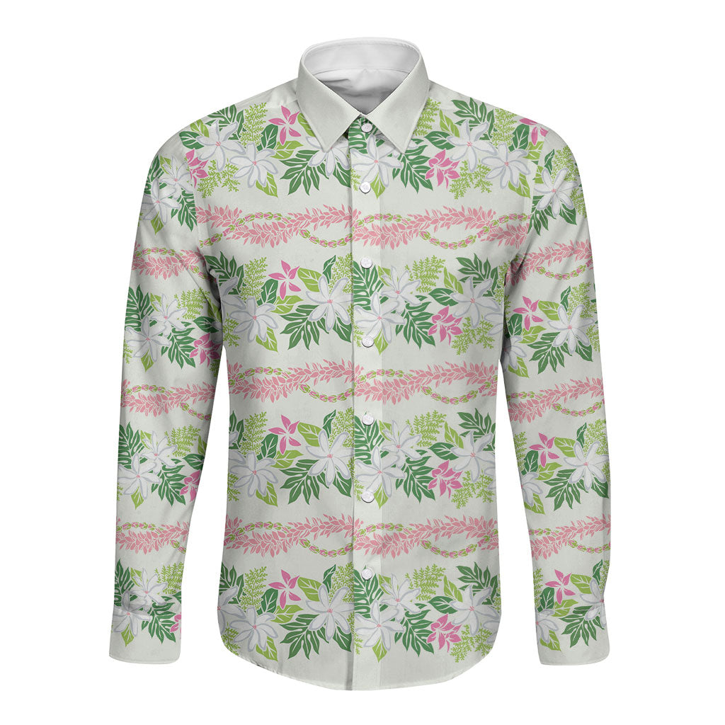 Monstera Tiare Plumeria Lei Pattern Long Sleeve Button Shirt Green Version
