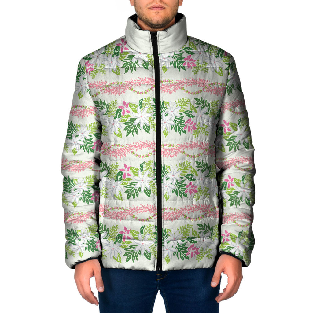 Monstera Tiare Plumeria Lei Pattern Padded Jacket Green Version LT01 Men Green - Polynesian Pride