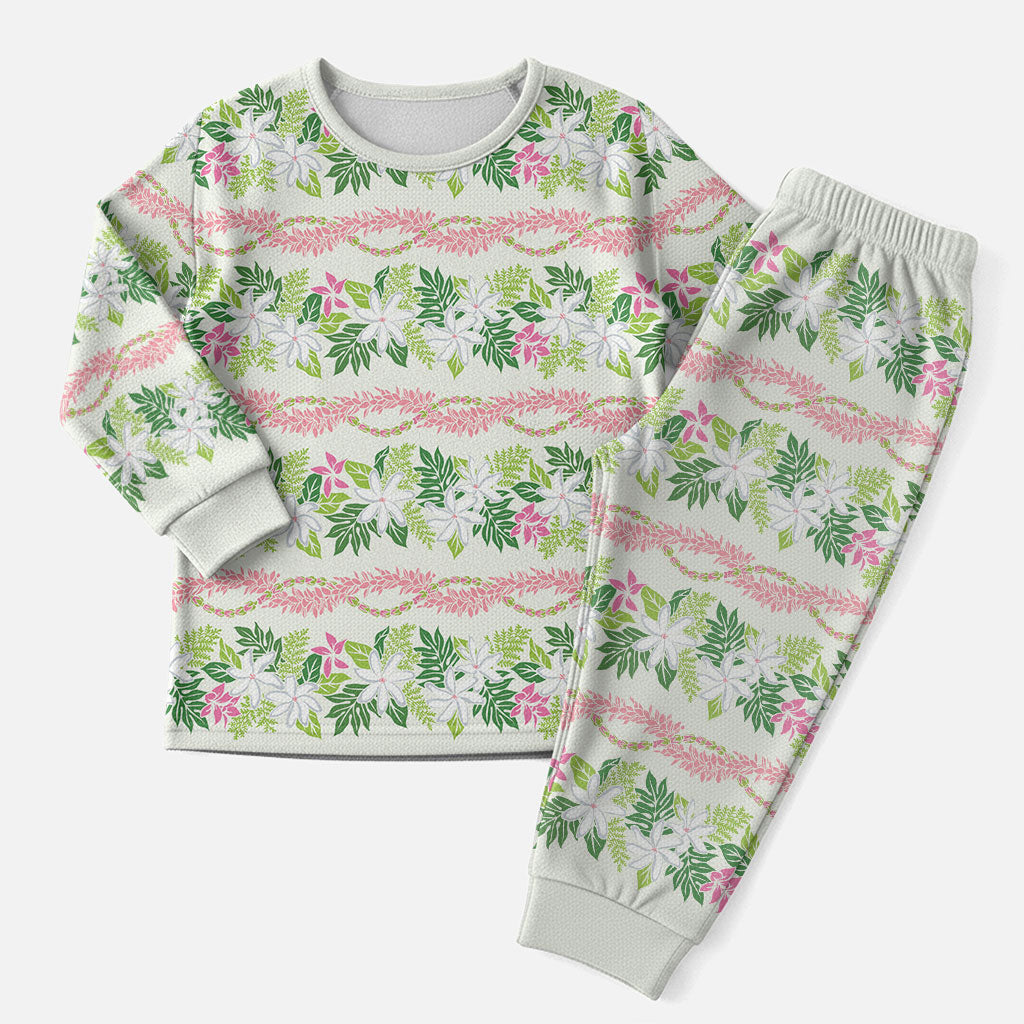 Monstera Tiare Plumeria Lei Pattern Christmas Pajama Set Green Version