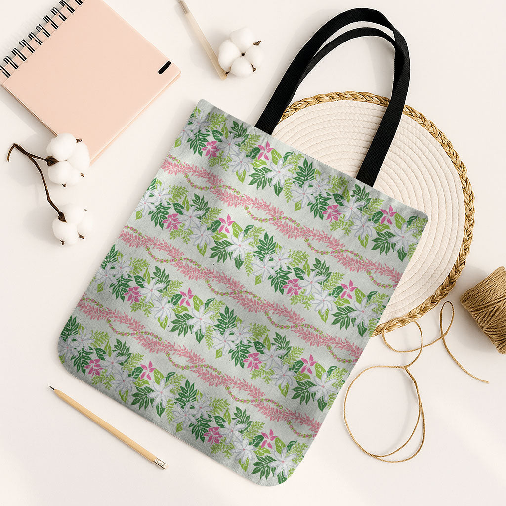 Monstera Tiare Plumeria Lei Pattern Tote Bag Green Version