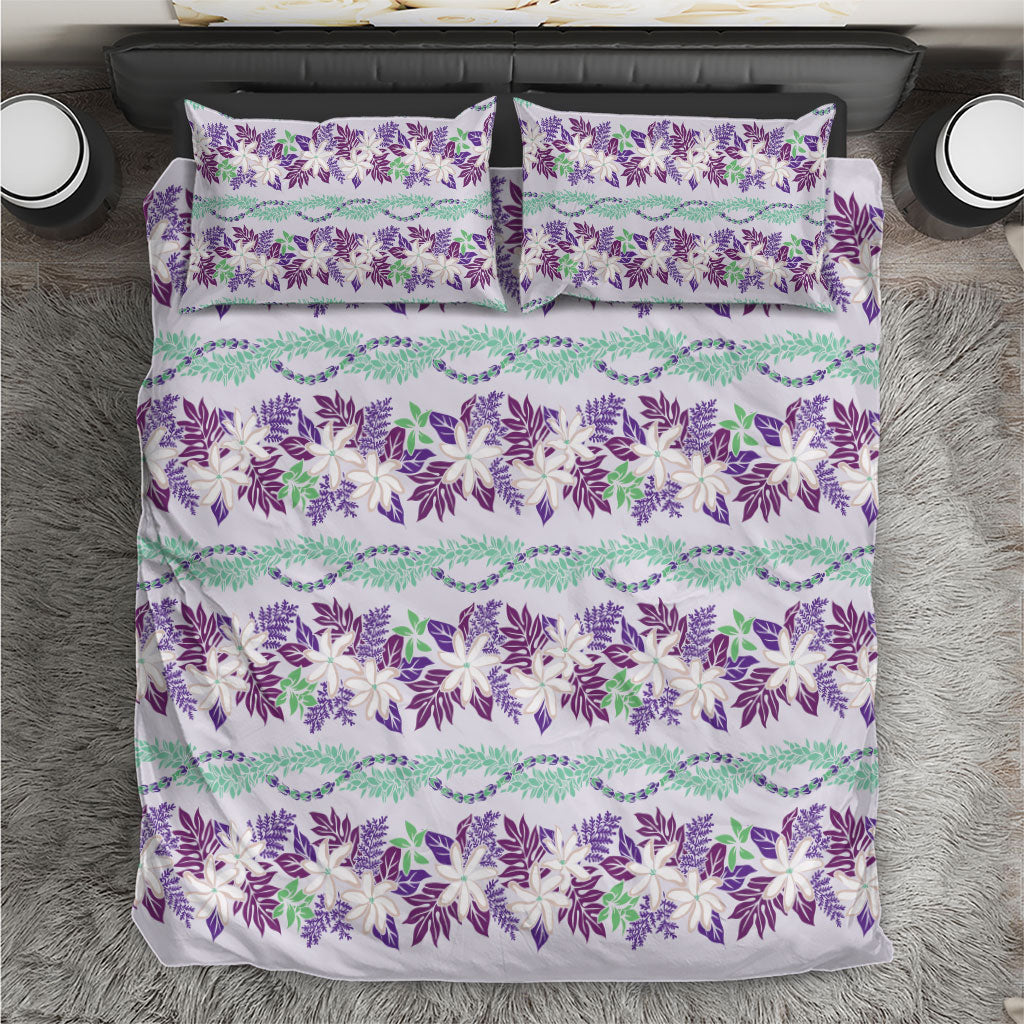 Monstera Tiare Plumeria Lei Pattern Bedding Set Purple Version
