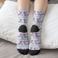 Monstera Tiare Plumeria Lei Pattern Crew Socks Purple Version