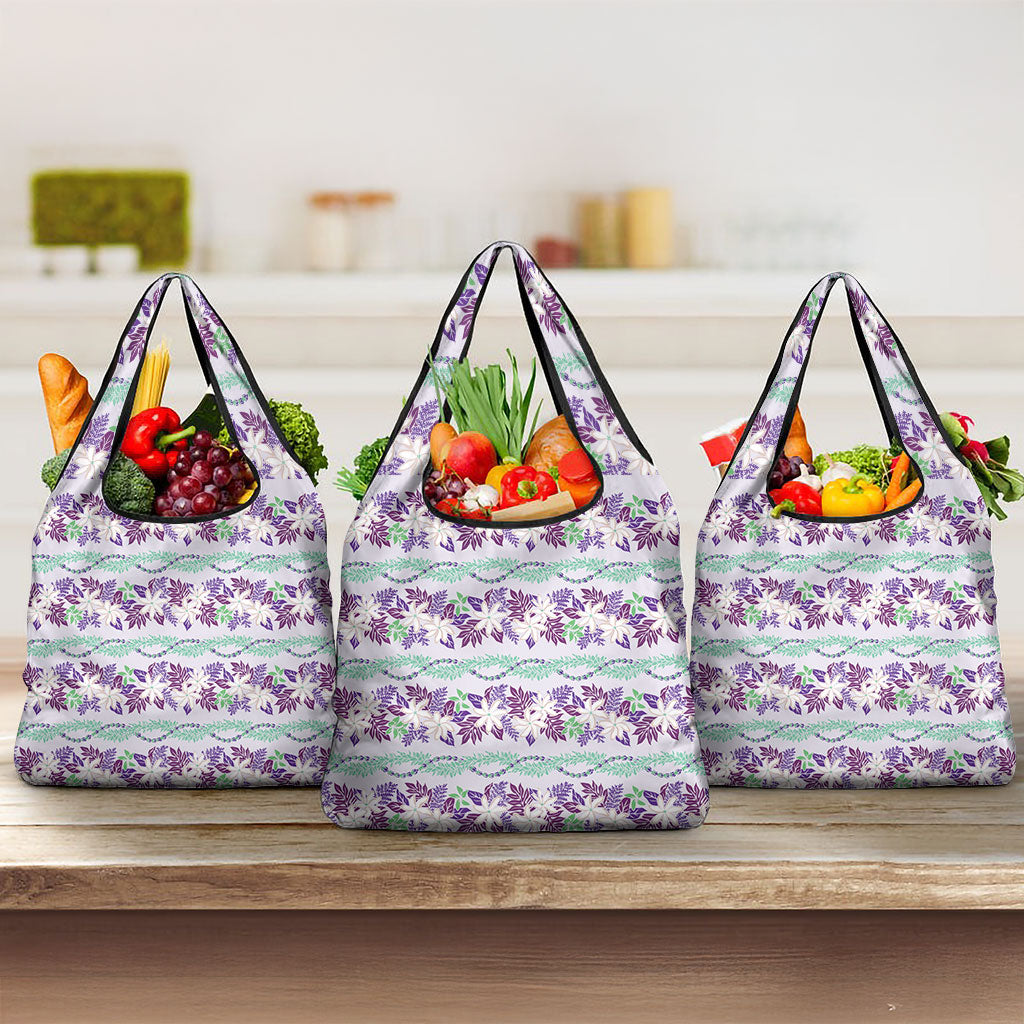 Monstera Tiare Plumeria Lei Pattern Grocery Bag Purple Version LT01 3-pack One Size Purple - Polynesian Pride