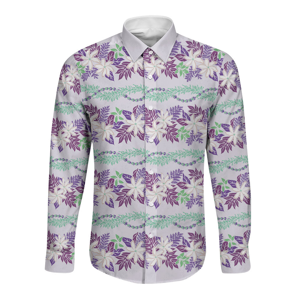 Monstera Tiare Plumeria Lei Pattern Long Sleeve Button Shirt Purple Version