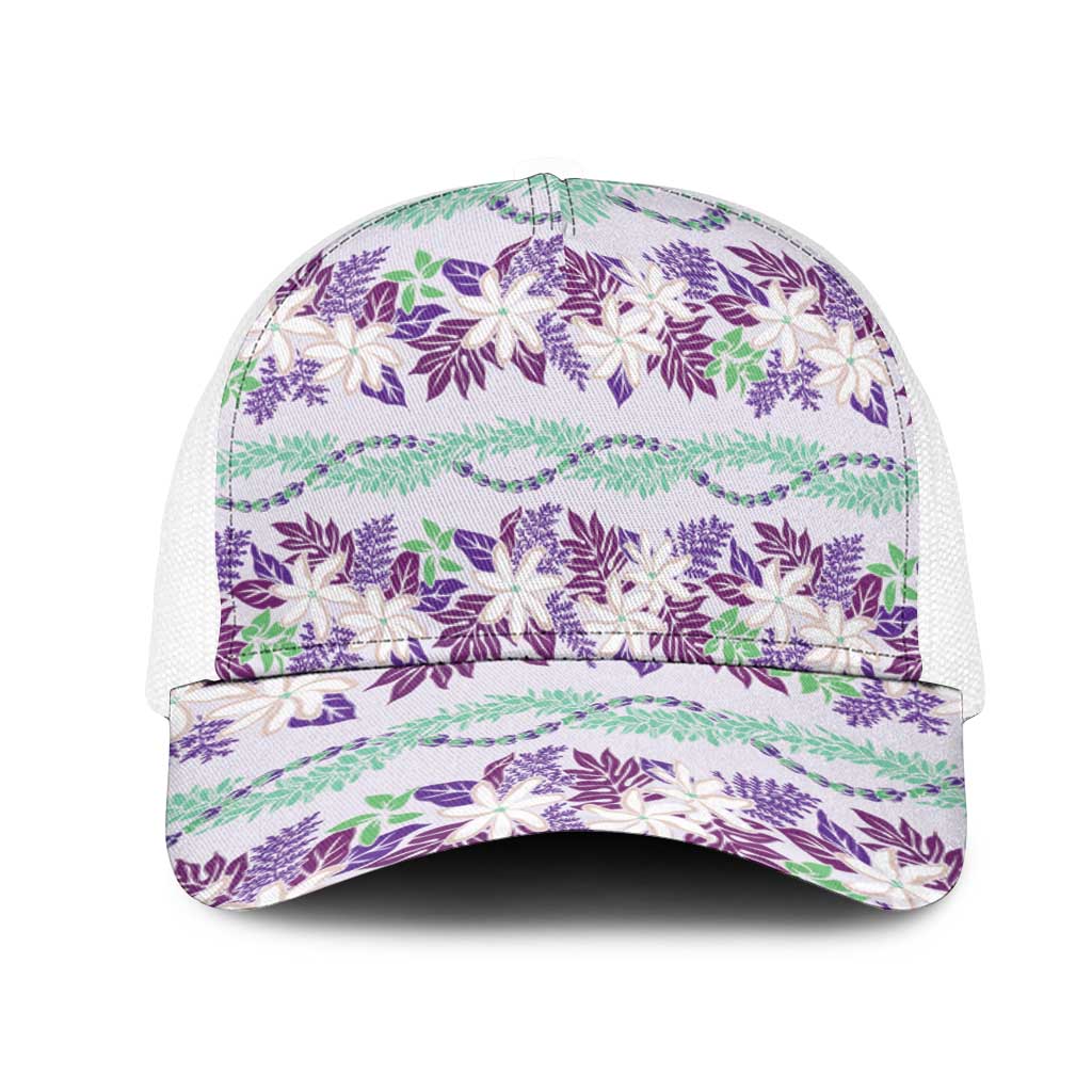 Monstera Tiare Plumeria Lei Pattern Mesh Trucker Cap Purple Version